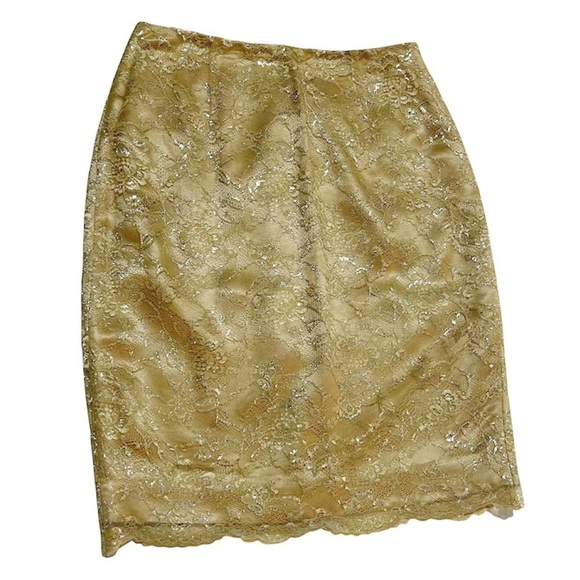 Kate Hill Dresses & Skirts - Kate Hill Women’s Gold Lace Pencil Skirt back Slit Sz 6 Lined